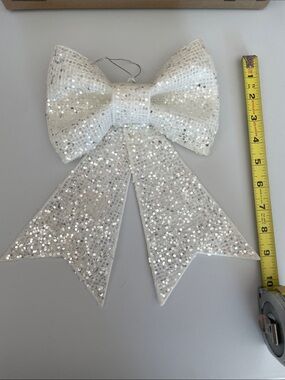 White Sequin Holiday Bow Ornament - Sparkling Tree Accent